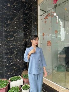CÓ BIGSIZE 2XL Set bộ nữ đũi vân mây nút ngọc sen -đồ lam nữ -đồ đi chùa