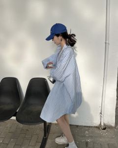 Plus Size Boyfriend Style Blue and White Stripes Shirt Womens Oversize Easiest for Match Sun Protection Shirt Cardigan Lazy and Loose Air Conditioning Shirt