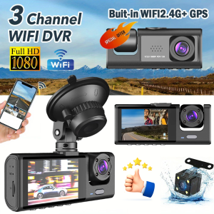 24 Hours Record 1080P FHD Wifi 3 Camera Dashcam for Car Front + Interior + Back / Rear Dash Cam Night Vision Parking Mode Car DVR Driving video Recorder