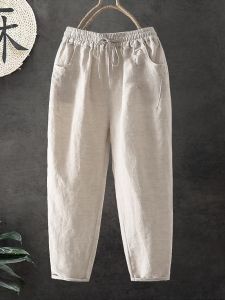 Mens Summer Thin Quick Dry Loose Straight Cotton Linen Nine Points Casual Pants Fashionable Urban Style Elastic Waist Pure Color