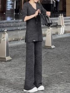 Elegant Sporty Womens Two-Piece Set V-Neck Loose Top High Waist Wide Leg Pants Cotton Long Sleeve Fashionable Slimming