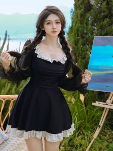 plus Size One Piece Swimsuit Womens Vacation Thermal Spa Casual Swimwear Long Sleeve Skirt Style Cover up Slimming Design