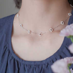 Simple Fresh French Summer Pearl Flower Necklace 925 Silver Korean Style Jewelry for Women without Pendant Mixed Material Chain