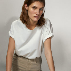 Elegant Simple Cotton Pure White Womens Short Sleeve T-shirt Loose round Neck Silk Lustrous Cotton Base Shirt