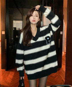 ลายทางสไตล์ขี้เกียจเกาหลี คอวี เสื้อผ้าถัก ผู้หญิง หลวม พรางหุ่น แขนยาว เสื้อท่อนบน เสื้อสเวตเตอร์ ฤดูใบไม้ร่วง ฤดูหนาว การเดินทางแฟชั่น