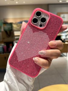 Luxury Full Diamond Heart Silicone Phone Case Creative Protection for Apple iPhone 15 pro Max Pink Pearl Full Cover Lightweight