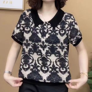 Korean Style Jacquard Short Sleeve Women Lapel T-shirt Mother Clothes New Version Casual Retro Tops Middle age Female Foreign Flavour age reduction Plus Size Polo Shirt