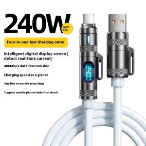 4 in 1 LED Digital Display Type C Charger Cord 240W Super Fast Charging USB Cable Liquid Silicone Anti-Breaking Data Cable For Phone/Tablet