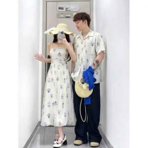 Set đồ đôi hoa sơmi nam phối váy nữ 2 dây trẻ trung (ko kèm áo khoác)