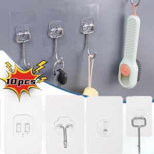 10ชิ้นตะขอไร้ตะเข็บใสติดผนังกาวซูปเปอร์กาวติดด้วยตนเองประตูติดตะขอถ่วงห้องครัวห้องน้ำตะขอกันน้ำติดเล็บ
