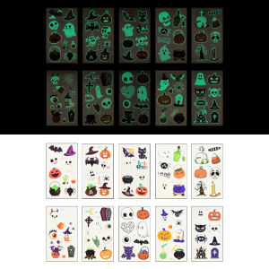 10Pcs Glowing In Dark Spider Web Pumpkin Ghost Art Stickers Set Halloween Party Fluorescent Luminous Tattoo Decal Sticker Decors