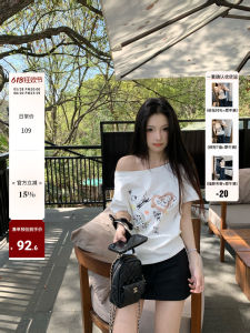 Pure Cotton Short Sleeve T-Shirt Womens Shoulder Bared Graffiti Fun Print Summer Casual Wear White Color by Youqi Nice Weekend