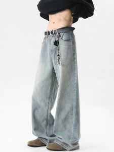 WUKONGYOUHUO | Quần Jeans Vintage Thẳng Dáng Rửa Mờ Màu Sáng