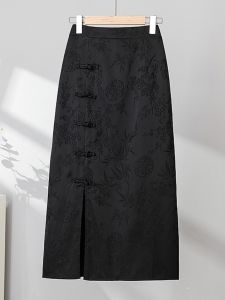 AIYITI | Plus Size Cheongsam Style Embossed Waist Accentuating Black Skirt