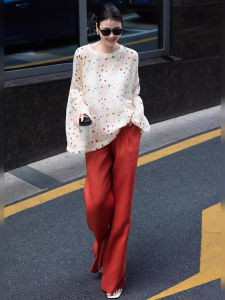 DANTING | Chic Elegant Lady Polka Dot Long Sleeve Shirt and Wide Leg Pants 2PCS