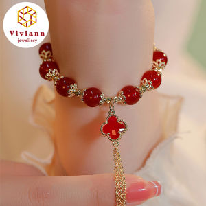 Viviann Original Hanfu Handwear Tassel Agate Four leaf Grass Bracelet New Female Premium South Red Hand String Charm Bracelets Jades Bangle Bracelet For Women Jewelry Bracelets Gift