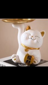 【พร้อมส่ง】แมวออมสินยกถาดC-04-19CM กระปุกออมสินแมวถือถาดยกของตุ๊กตาแมวนำโชคแม่ลูกเรซิ่นพร้อมถาดสแตนเลสแต่งบ้านแต่งออฟฟิตของขวัญ