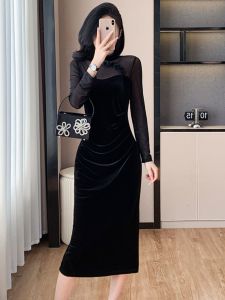 Elegant Long Sleeve Black Velvet Evening Dress Womens Autumn Winter High Design Sense Mesh Splicing Split Improved Cheongsam Dress