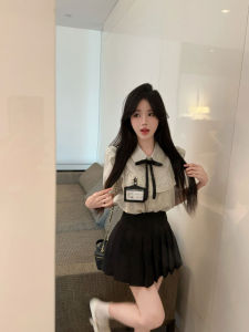 GUZILIAN | Sweet College Style Womens Summer Outfit Bubble Sleeve Striped Shirt A-Line Skirt Set Anti-Aging Trendy Korean Version Short Sleeve Polo Neck