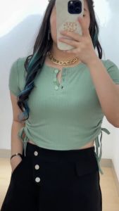 6212 Sherly Button Shirred Knit Crop Top Blouse Atasan Wanita