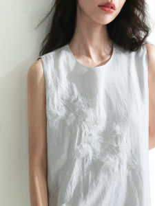 Miccbeirn | Pure Linen Sleeveless Embroidered Floral Dress Elegant White Knee-Length Gown Beaded 3D Flower Artistic Summer Dress