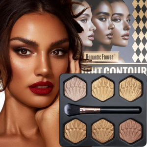 พาเลทไฮไลท์เนื้อละเอียด 6 สีบรอนซ์ - แปรงอายแชโดว์รวมอยู่ด้วย คอนทัวร์ไฮไลท์เน้นโครงกระดูกบนใบหน้า