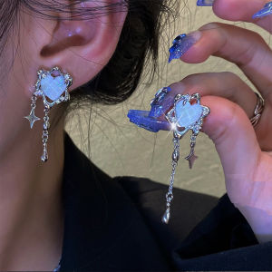 Korean Y2K Silver Color Long Tassel Heart Dangle Earrings for Women Teens Sweet Cool Star Pendant Drop Earring Jewelry Accessory