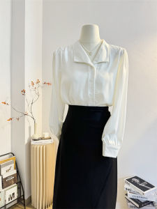 Elegant White French Style Satin Shirt Womens Long Sleeve Simple Commute Personality Acetate Top Straight Tube Button Detail