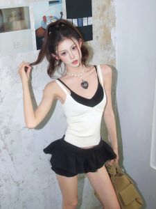 NINGXI | Summer High Quality K Fashion Contrast Two-Piece Top and Mini Skirt