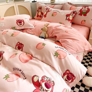 Bộ đồ giường hoạt hình thiết lập sóc dâu gấu bedsheet duy nhất Nữ Hoàng Vua cadar với Duvet cover