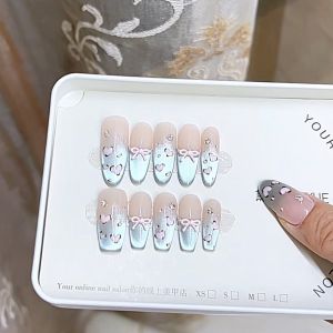 Light Blue Gradient Wide Shiny Cat Eye Nude Diamond Hand Painted Edge Heart Butterfly Knot Wearable Nail Art False Nails Tips