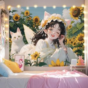 VIKAMA Tóc Hồng Hanfu Cô Gái Anime Tấm Thảm Treo Tường Trang Trí Vải Polyester Cho Phòng Ký Túc Xá Trang Trí Nền