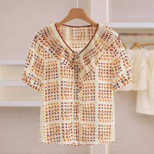 Dotted Floral Ruffle Hem Single Row Button Short Sleeve Blouse