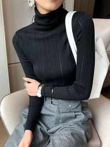 เสื้อสเวตเตอร์ถักแขนยาวสไตล์เกาหลีสำหรับผู้หญิง เสื้อคลุมกันหนาวทรงเข้ารูป คอตั้ง ทรงสลิมฟิต ทรงเข้ารูป เสื้อคลุมกันหนาว