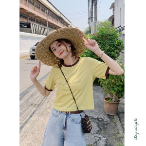 Hua Ji B432 Yellow Loose Color Block round Neck Short Sleeve T-Shirt Womens Summer Casual Cotton Polyester Blend Top