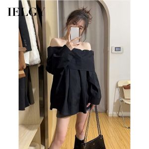 IELGY French Long-sleeved Shirt Womens Black High-end off-shoulder Top
