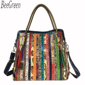 BeeGreen Women Serpentine Cowhide Tote Bag Large Capacity Handbag Multicolor Stripe Patchwork Shoulder Bag