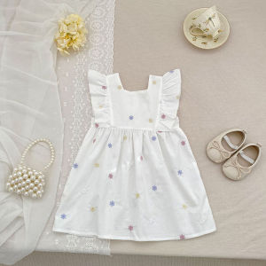 1-6Yrs Girls Fashion Embroidered Flower Dress Summer New Little Girls Toddler Princess Dresses Kids Flying Sleeves Party Clothes