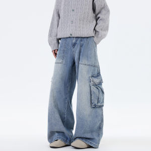 กางเกงยีนส์ทรงหลวมเอวกลางสำหรับผู้ชาย กางเกงขายาวทรงหลวม กระเป๋าข้างใหญ่ กางเกงยีนส์ทำงาน ทรงหลวม ฤดูใบไม้ร่วง แบรนด์ Cleanfit
