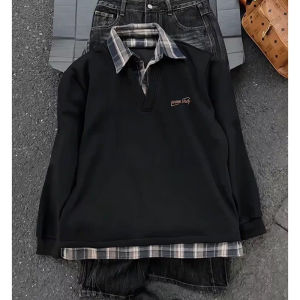 OUMULONG | Retro Fake Two-Piece Sleeve Hoodless Thick Fleece Winter Sweatshirt