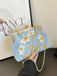 กระเป๋าถือไหมพรมสไตล์จีนใหม่สำหรับผู้หญิง กระเป๋าถือทรงกลมประดับลูกปัดแบบสะพายข้าง กระเป๋าถือแบบสะพายข้างลายผ้าปัก กระเป๋าถือแบบมีหูข้างเดียว