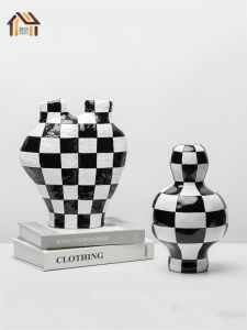 จิวเวลรี่ตกแต่งบ้านสไตล์โมเดิร์นเรียบง่าย สีดำขาว กระถางดอกไม้พลาสติกขนาดกลาง กระถางดอกไม้ลายสก็อต ตกแต่งห้องนั่งเล่น