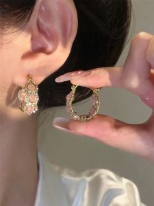Pink Cats Eye Stone Earrings Luxury Minimalist Design Diamond Embedded Womens Fashion Summer Elegant Hoop Earrings