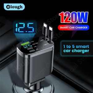 Elough 5 in 1 Car Charger Adapter USB Charger Fast Charging For iPhone 15 Samsung Retractable USB C to Type C Cable Car cargador