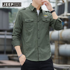 JEEP SPIRIT Áo Nam Mùa Thu Áo Mới Dài Tay Ôm Sát Thêu Màu Trơn Phong Cách Quân Đội Áo Cỡ Lớn Đơn Giản Thời Thượng Cho Nam