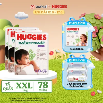 [12-17.08 QUÀ TẶNG ĐƠN 399K] Combo 3 Tã/Bỉm quần HUGGIES PLATINUM NatureMade XXL26 (Trên 15kg)-Gói Jumbo 26 miếng