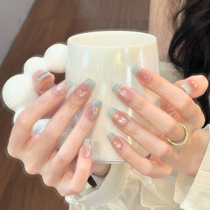 Nail Art สไตล์ฤดูร้อน ชุดติดเล็บสีเขียวมิ้นต์ ชุดเล็บสวมใส่ทำมือสีขาว ชุดเล็บสั้นระดับไฮเอนด์สำหรับงานแต่งงาน