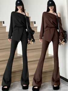 Womens Casual Sweatshirt Set Shoulder Bared High Waist Flared Pants Long Sleeve round Neck Two Piece Outfit Autumn Fashion