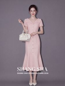 SHANGSHA | Elegant Pink Mermaid Dress for Women High-end Occasion Dress Feminine Summer Style Long Dress with Button Detail