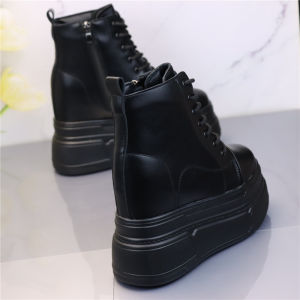 รองเท้าบูทมาร์ตินส้นสูง 12 ซม ของผู้หญิง ผ้าขนแกะ บุภายในเพิ่มความสูง ฤดูหนาว ท่อสั้นที่อบอุ่นรอบนิ้วเท้าพื้นรองเท้าด้านนอกโพลียูรีเทน หนัง